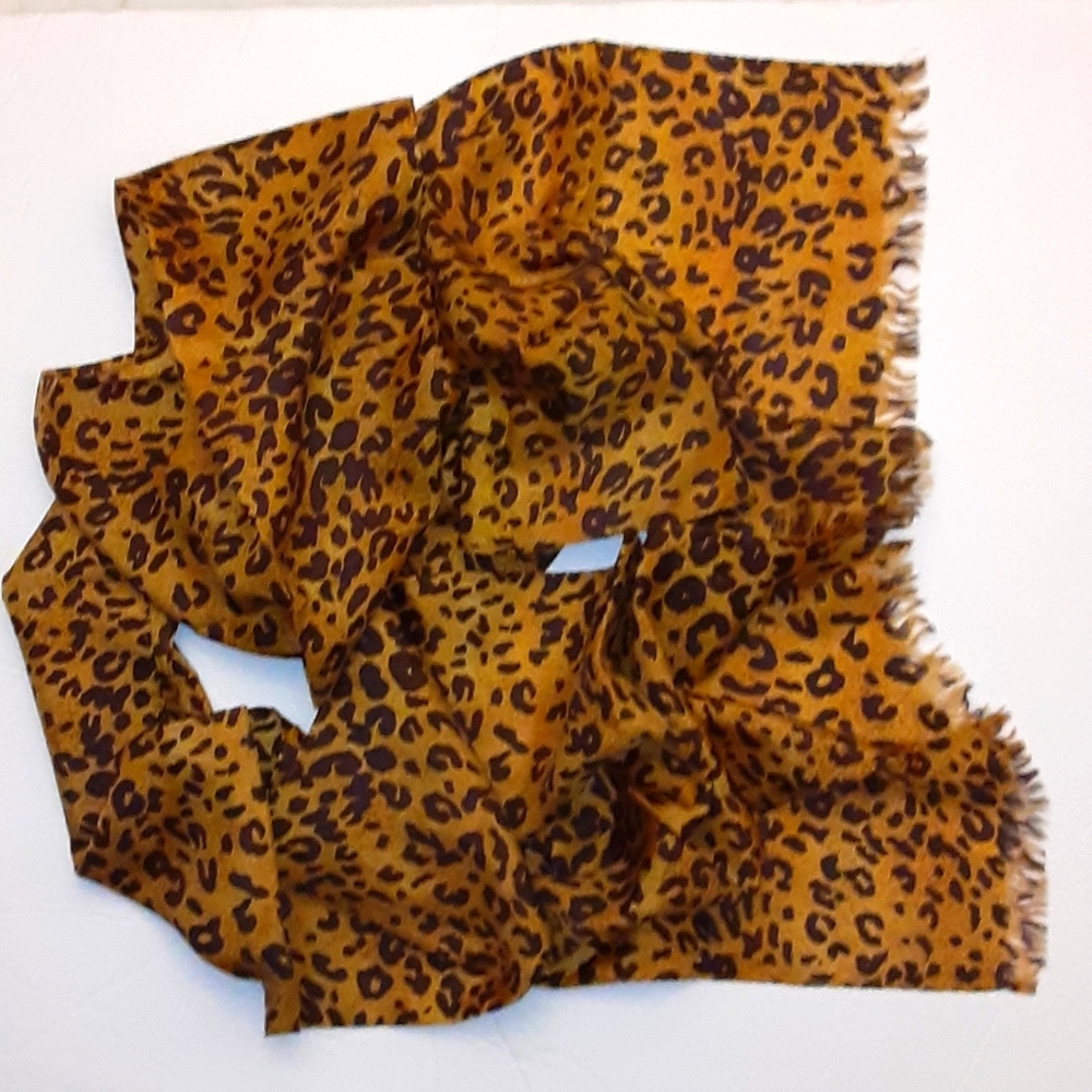 Leopard Print Silk Scarf Rectangle Raw Fringle Multi Ply Soft Luxurious